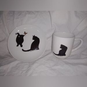 Hand Painted Cat Butterfly Mug And Dessert Plate Set Signed Whitefield